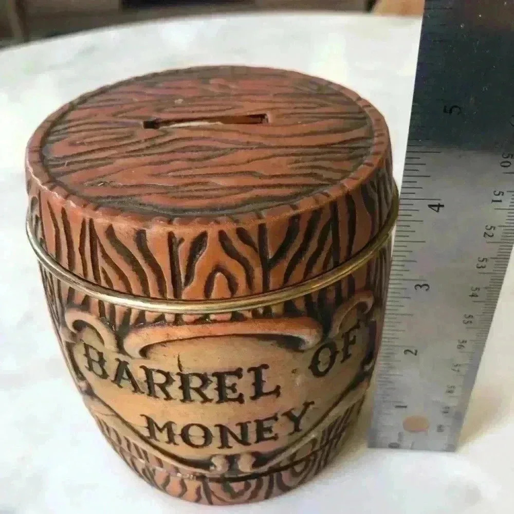Vintage 70s rustic  barrel of money coin bank. Ceramic with metal band - Picture 7 of 7